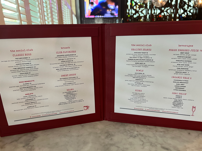 Kimpton Surfcomber The Social Club breakfast menu