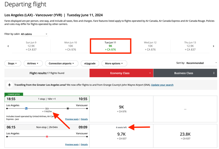 Air Canada award 9k with long layover