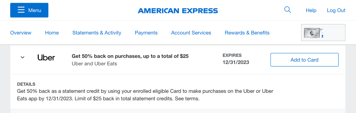 Amex Offer for Uber and Uber Eats 2023