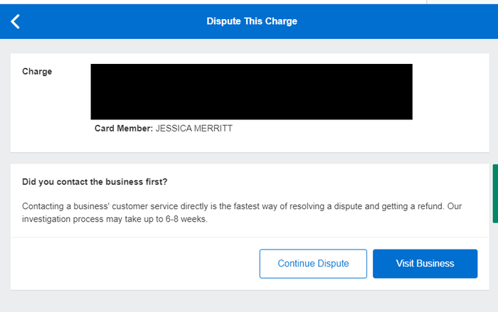 Amex Platinum card dispute initial screen merchant contact