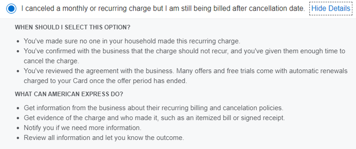 Amex Platinum card dispute reasons show more