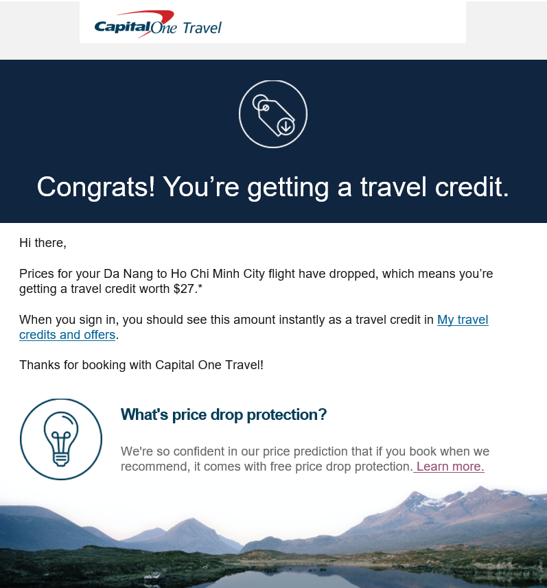 Capital One Travel price protection email