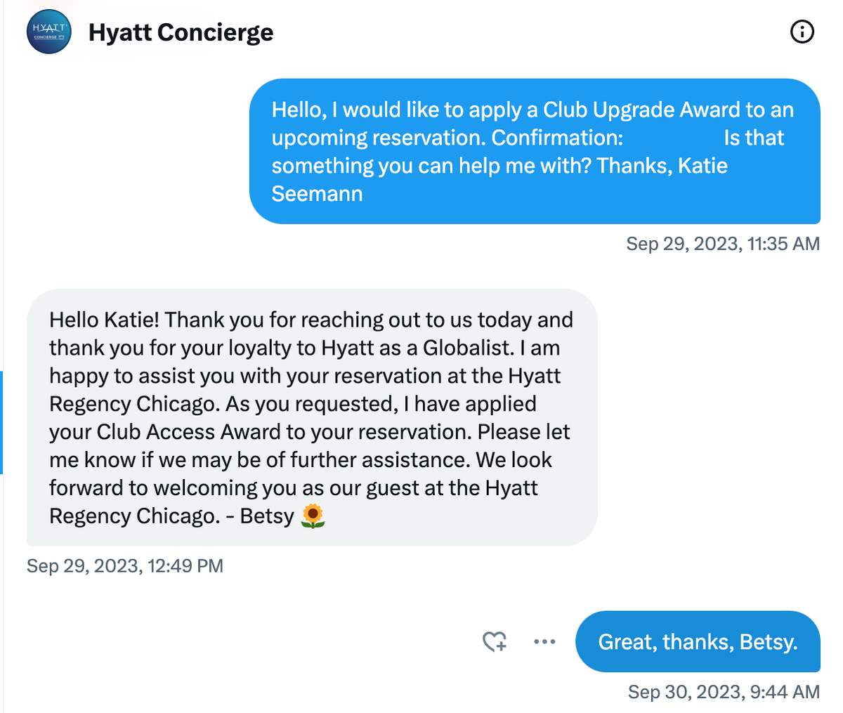 Contacting Hyatt via Twitter