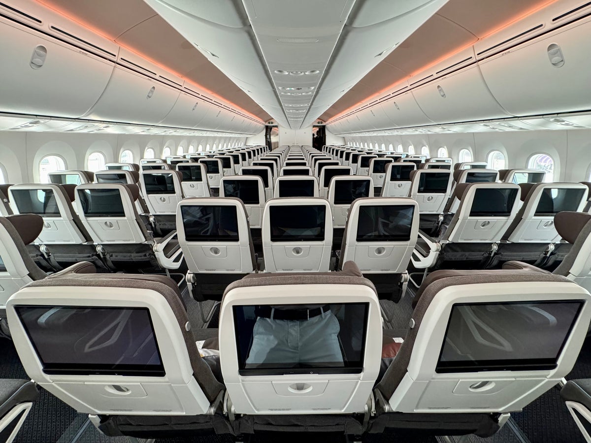 Dubai Airshow Etihad new 787 Dreamliner economy cabin from the back