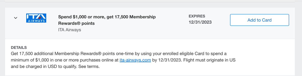 ITA Airways Amex Offer