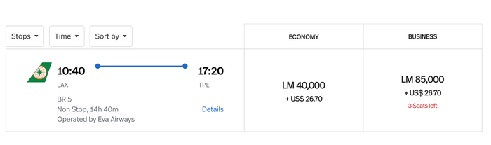 Lifemiles redemption example LAX TPE EVA Air