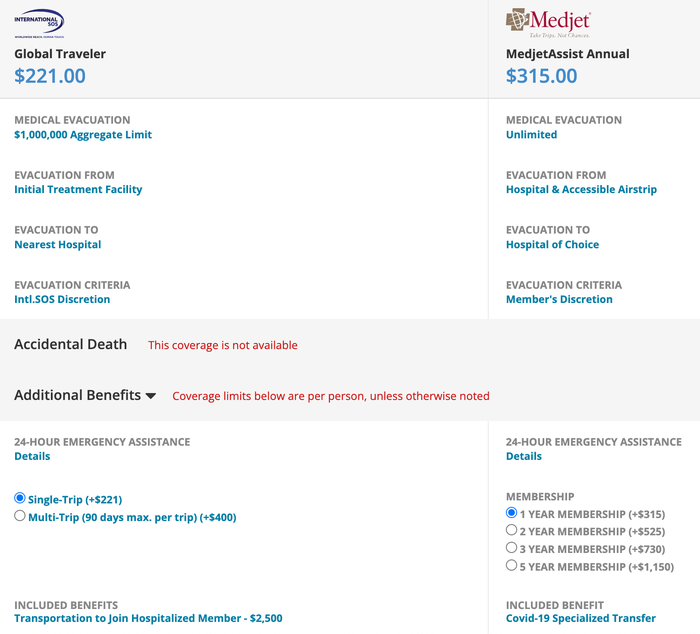 Medjet vs Global Traveler comparison from InsureMyTrip