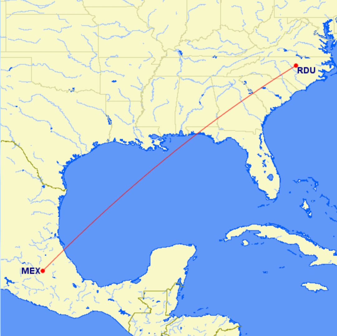 Raleigh Durham to Mexico City Great Circle Mapper