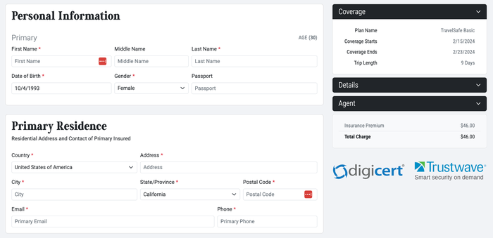 TravelSafe checkout page TravelSafe checkout page