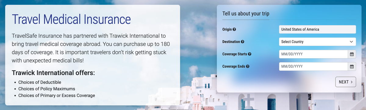 TravelSafe travel medical insurance start quote page