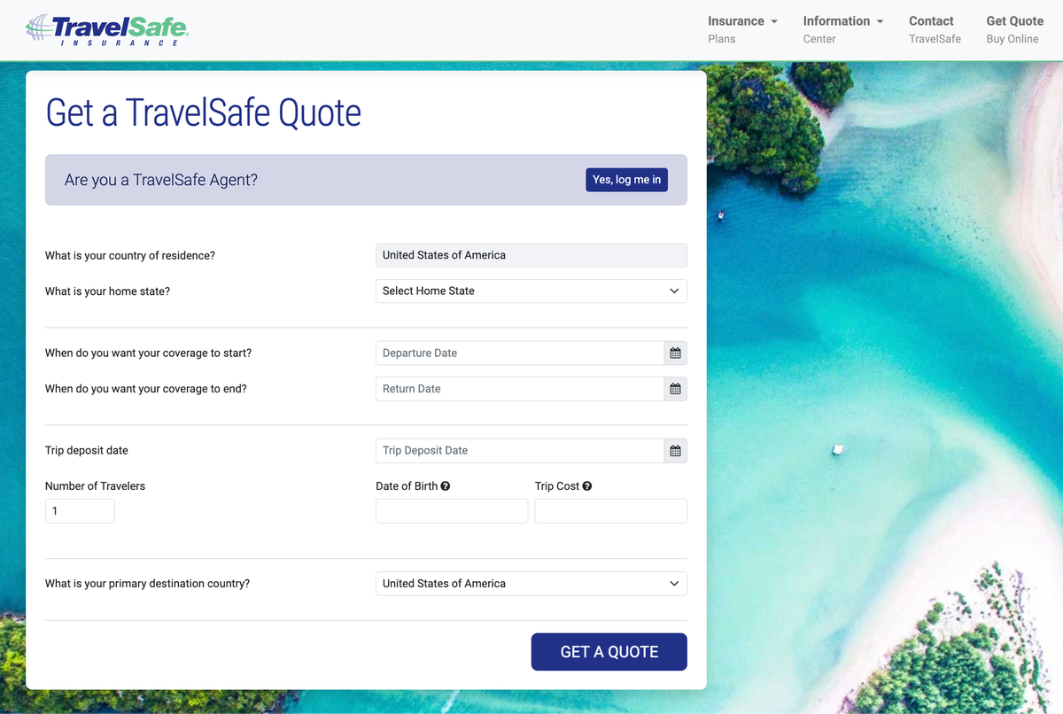 Travelsafe insurance get a quote page