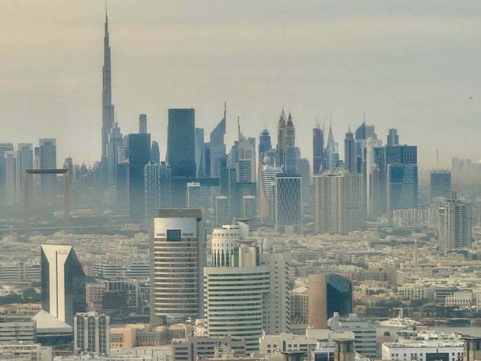 flydubai 737 800 economy Dubai skyline flydubai 737 800 economy Dubai skyline