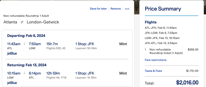 ATL LGW in JetBlue Mint