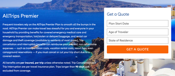 Allianz AllTrips Premier start quote page Allianz AllTrips Premier start quote page