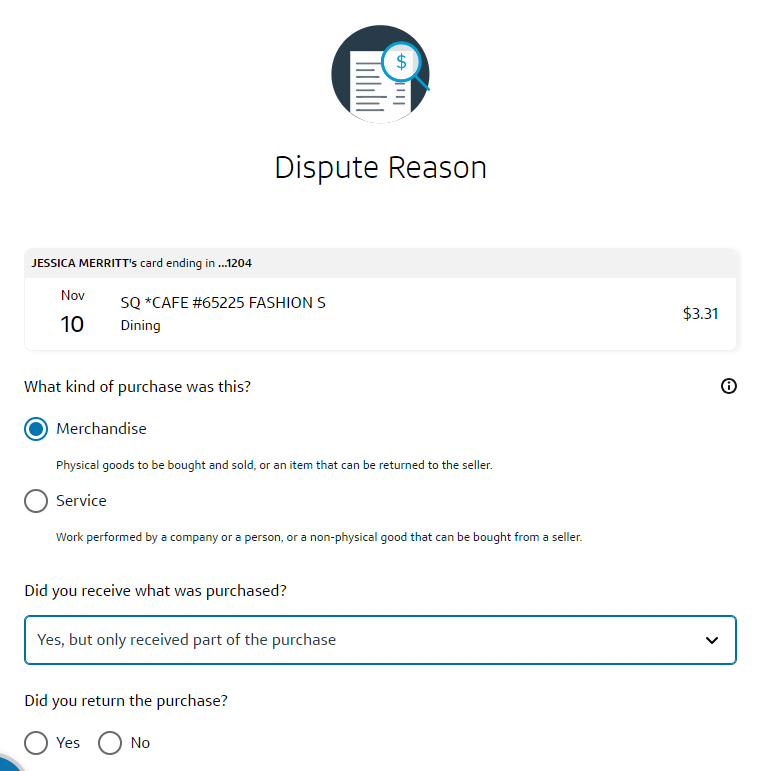 Capital One dispute process purchase receipt and return