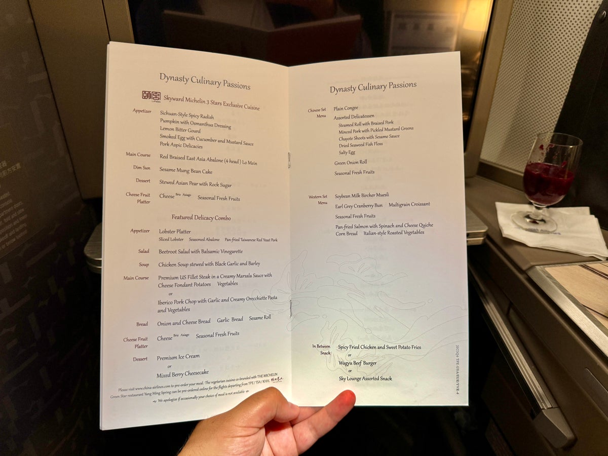 China Airlines A350 Business Class Main Course Menu