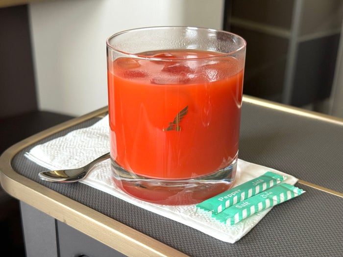 Gulf Air A321neo business class FnB bloody mary Gulf Air A321neo business class FnB bloody mary