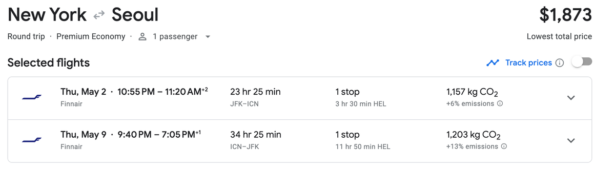 JFK to Seoul for 1870 on Finnair