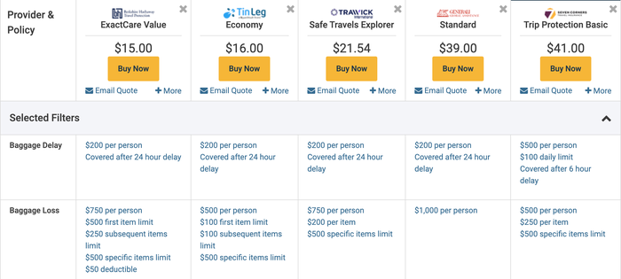 Squaremouth comparison of baggage insurance policies