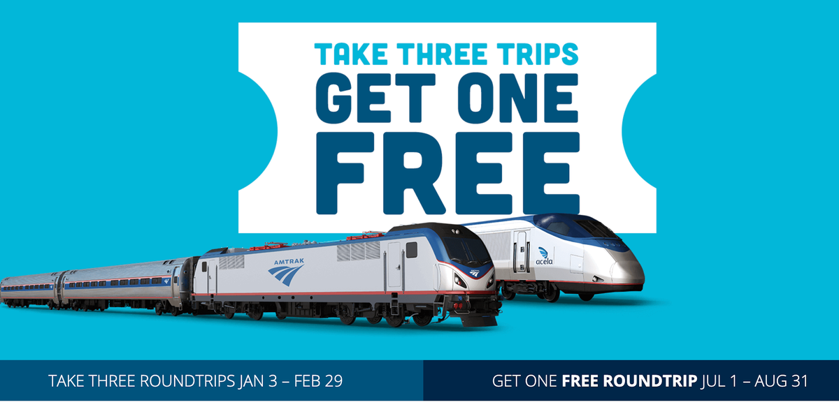 Amtrak “123” Promo: Take 3 Trips, Get 1 Free