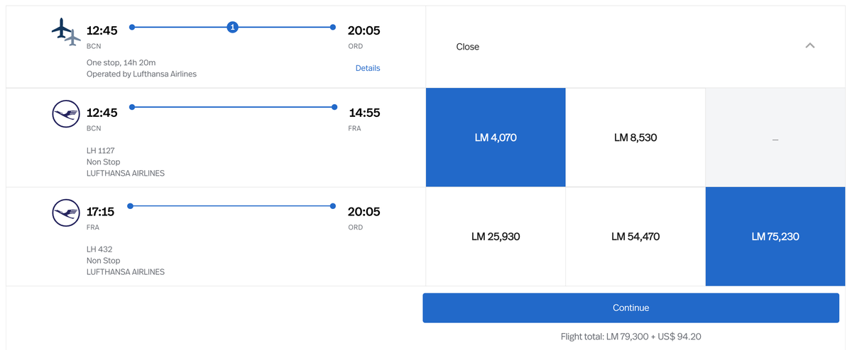 Avianca LifeMiles mixed cabin pricing for LH F