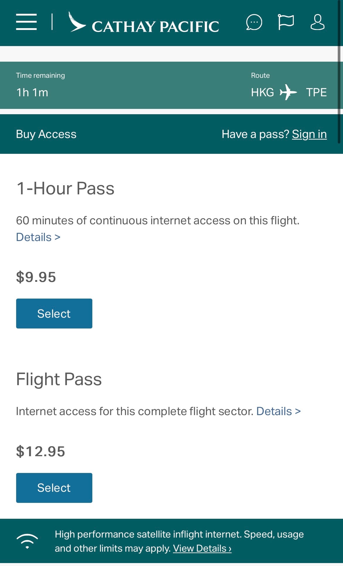 Cathay Pacific WiFi Prices