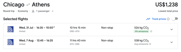 Chicago to Athens in Economy