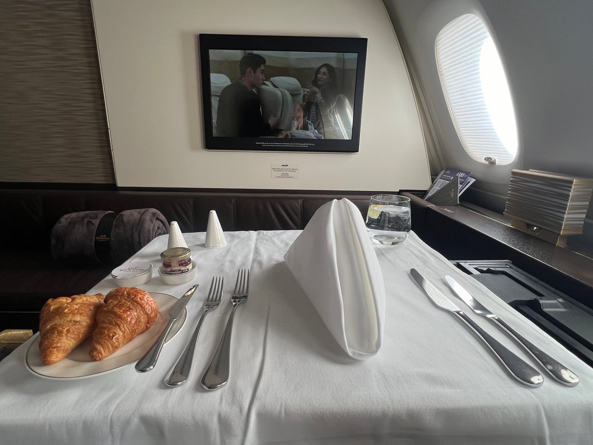 Etihad First Class Apartment Tray Table With White Tablecloth