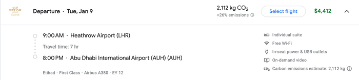 Etihad First Class Apt LHR AUH Screenshot 