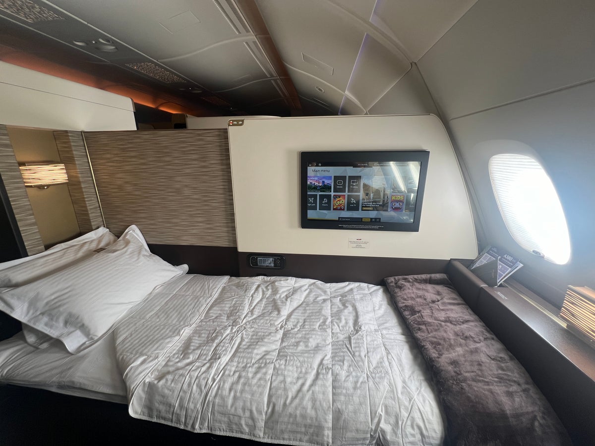 Etihad First Class Apartment bed with duvet cover from chair