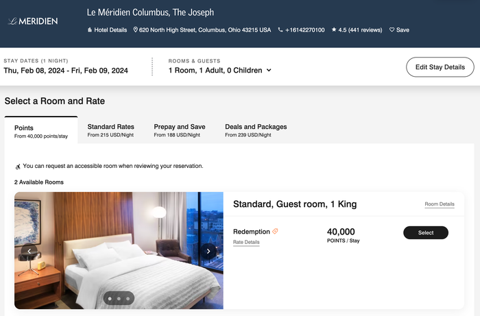 Le Meridien Columbus The Joseph cost in points Le Meridien Columbus The Joseph cost in points