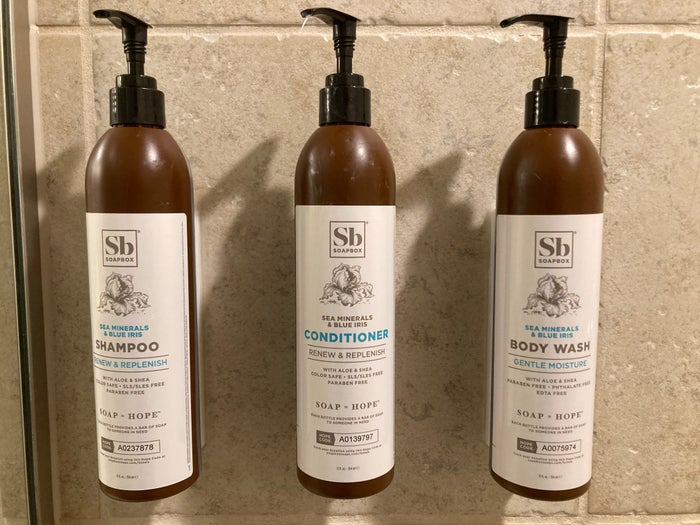 Marriotts Grand Chateau Las Vegas 2BR Villa master bathroom pump bottles in shower Marriotts Grand Chateau Las Vegas 2BR Villa master bathroom pump bottles in shower