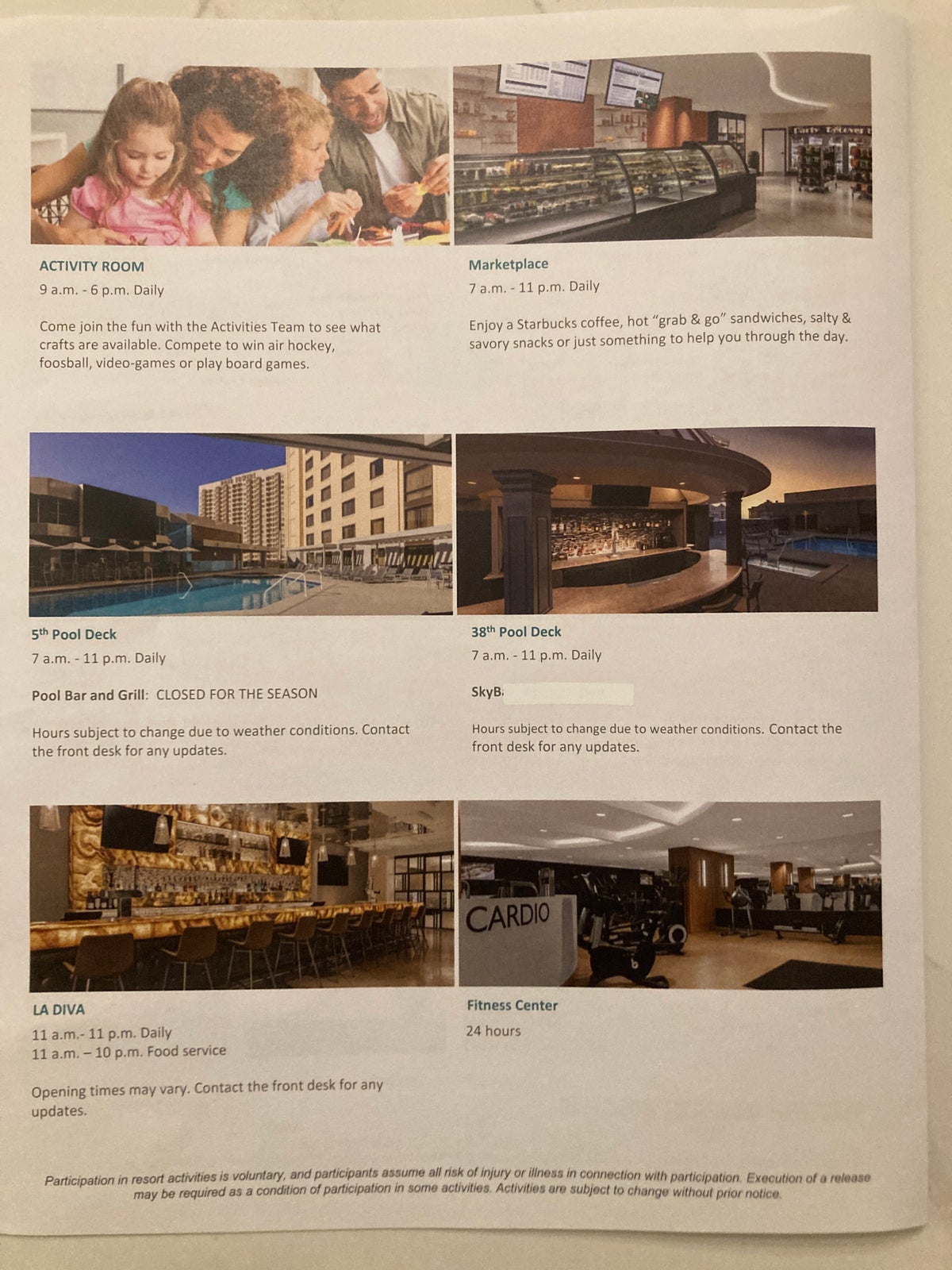 Marriotts Grand Chateau Las Vegas welcome packet facility hours
