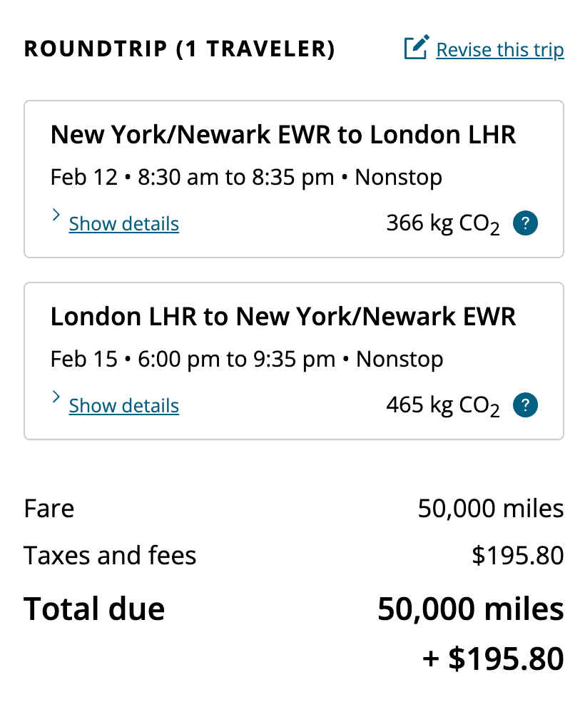 New York to London for 50k United Miles