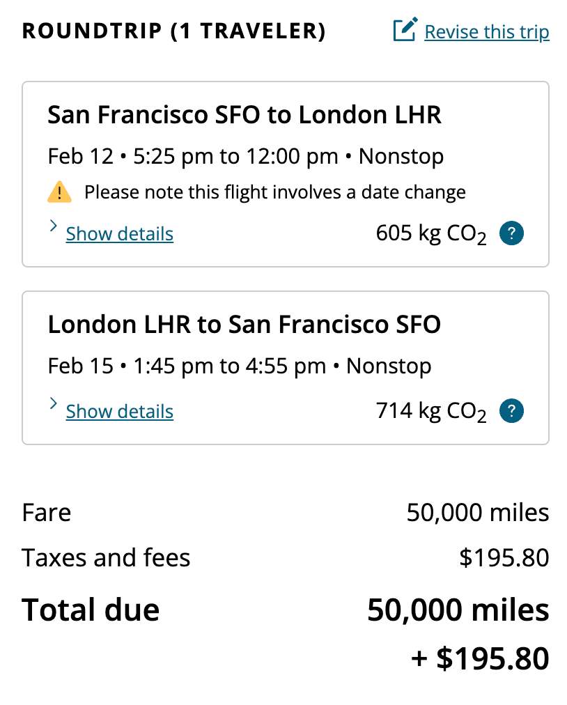 San Francisco to London for 50K United Miles