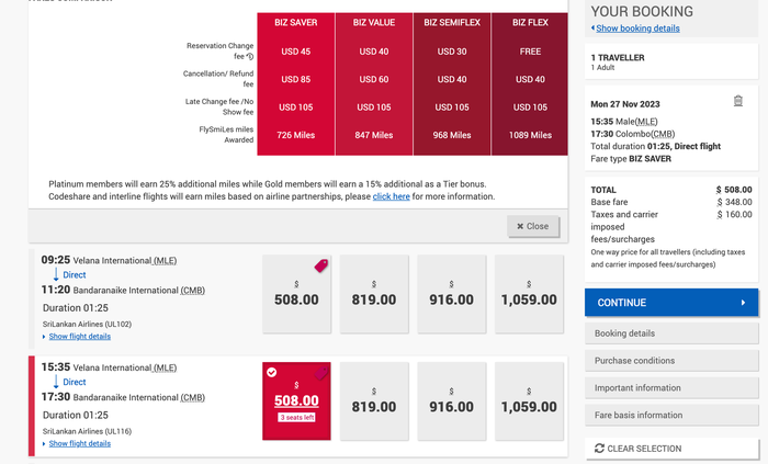 Sri Lankan Airlines Airbus A330 business class booking