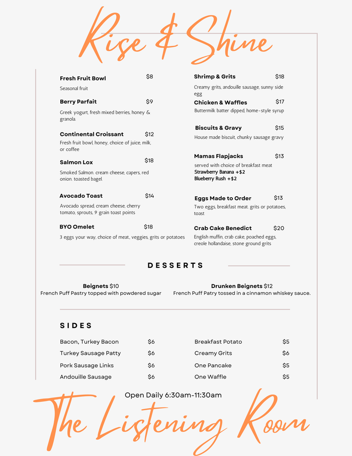 The Listening Room Troubadour Hotel New Orleans breakfast menu The Listening Room Troubadour Hotel New Orleans breakfast menu