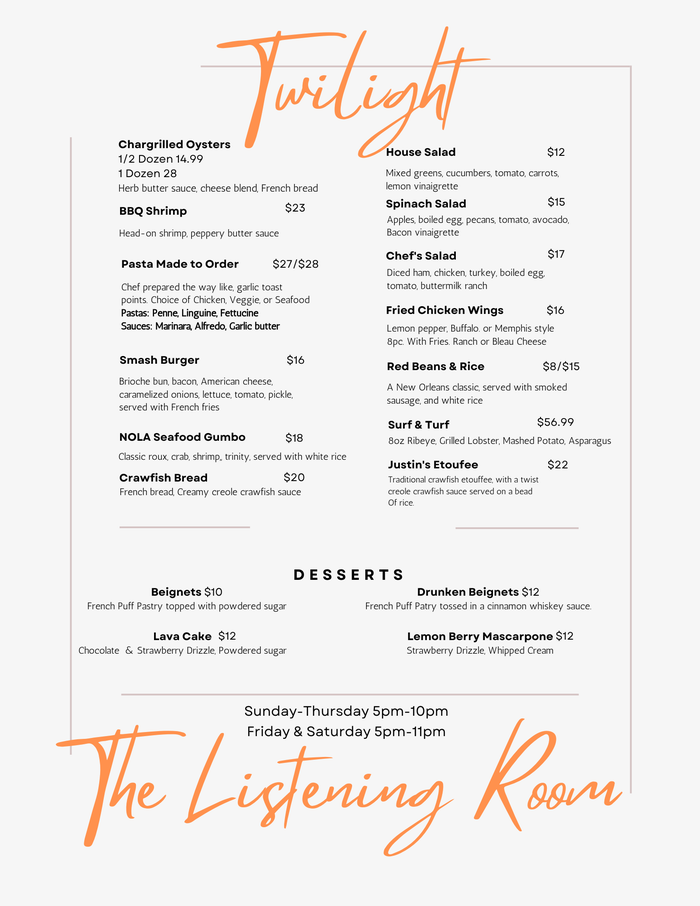 The Listening Room Troubadour Hotel New Orleans dinner menu The Listening Room Troubadour Hotel New Orleans dinner menu