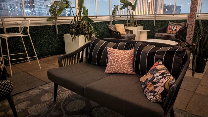 The Troubadour Hotel New Orleans food and beverage Ingenue rooftop bar loveseat The Troubadour Hotel New Orleans food and beverage Ingenue rooftop bar loveseat