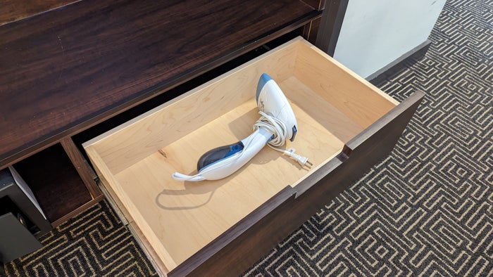 The Troubadour Hotel New Orleans guestroom closet drawer and steamer The Troubadour Hotel New Orleans guestroom closet drawer and steamer