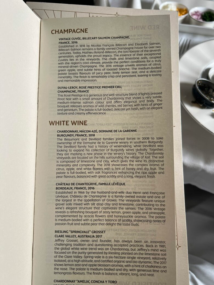 Etihad First Class Apartment Menu Wine List