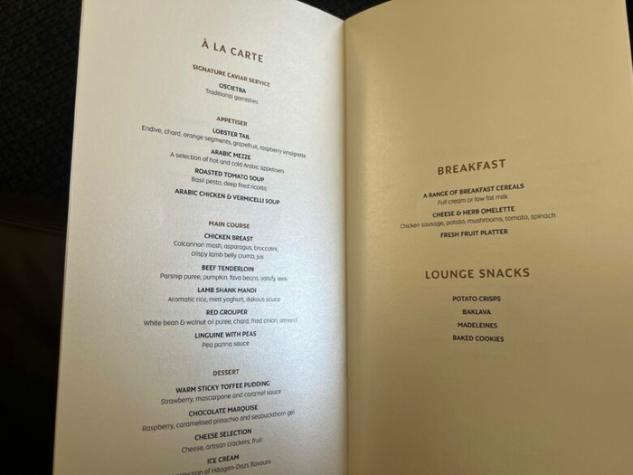 Etihad First Class Apartment A La Carte Menu