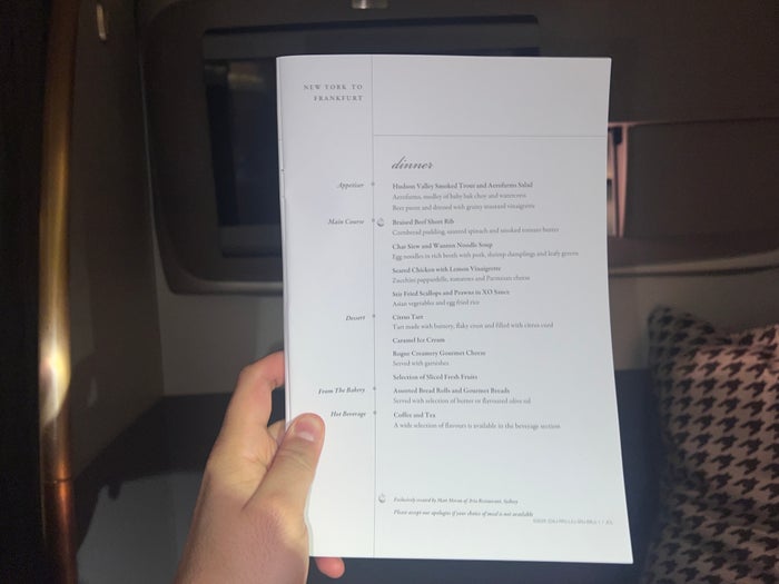 Singapore business 777 menu dinner JFK FRA Singapore business 777 menu dinner JFK FRA