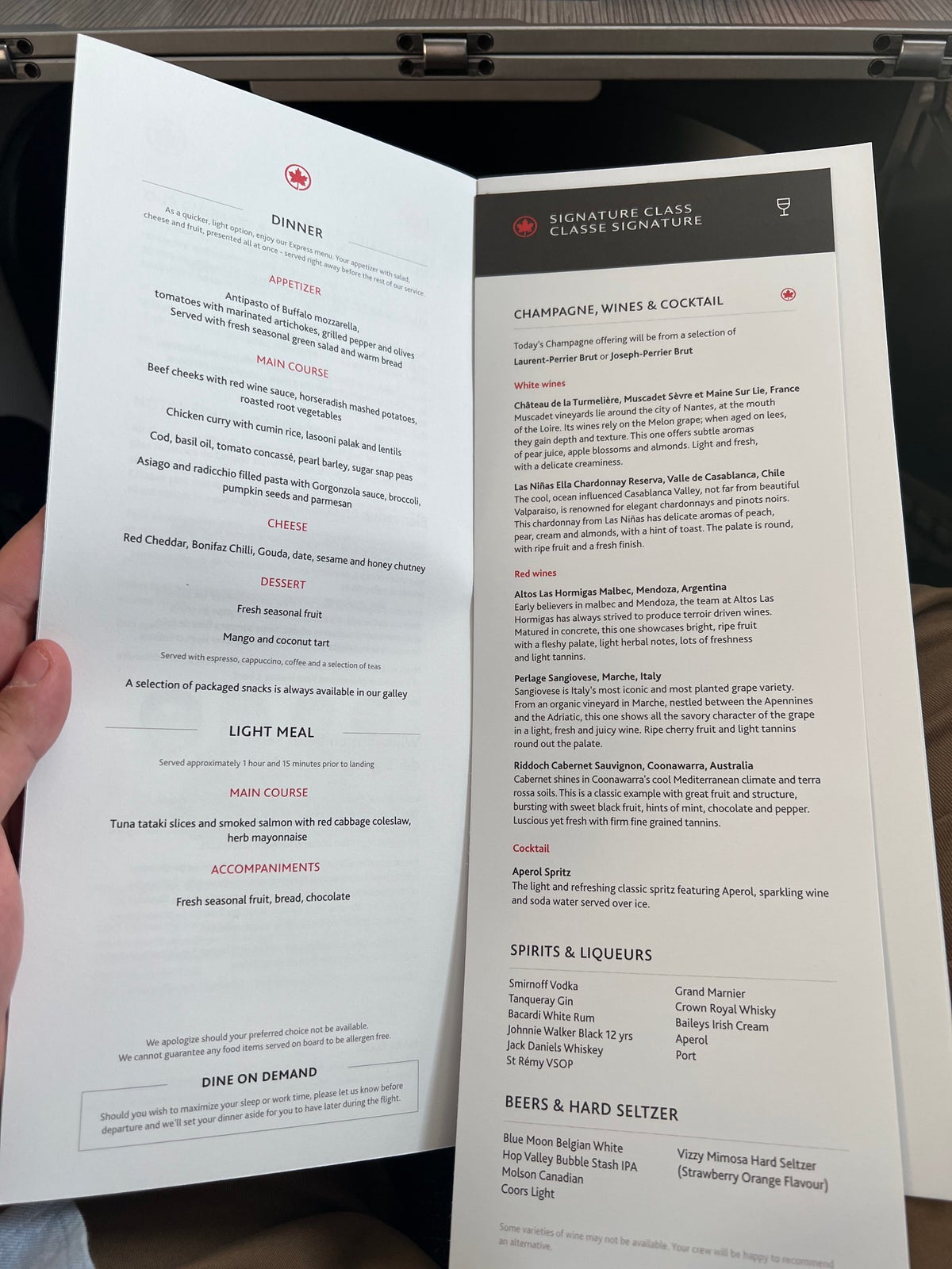 Air Canada business class menu