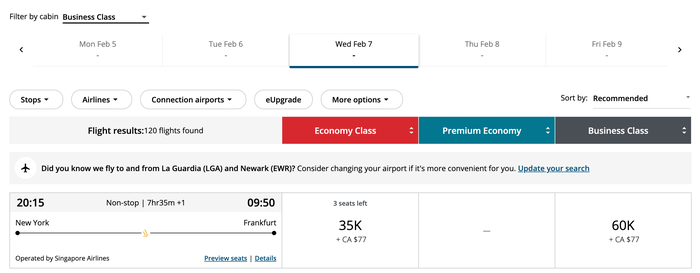 Aeroplan search JFK FRA 60K SQ Aeroplan search JFK FRA 60K SQ
