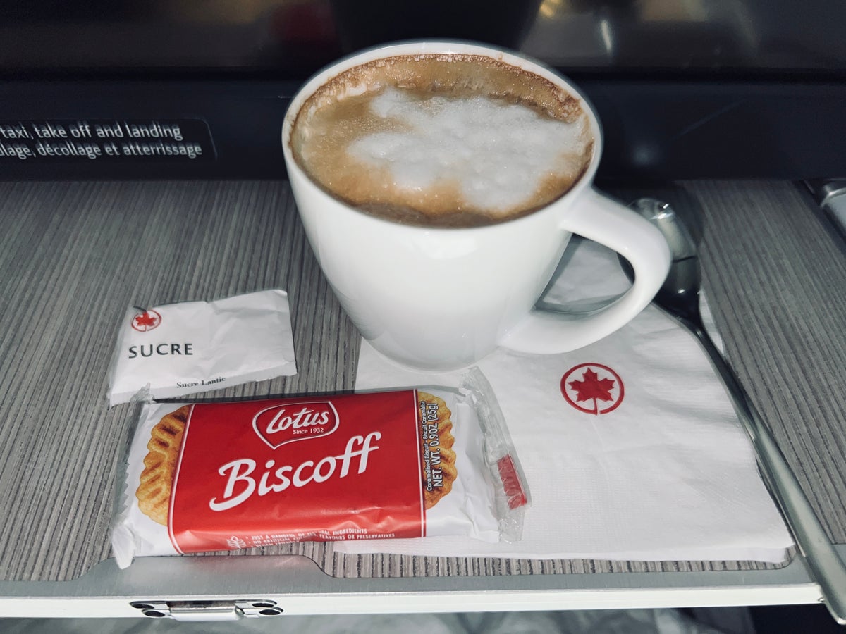 Air Canada business class cappucino and Biscoff cookies