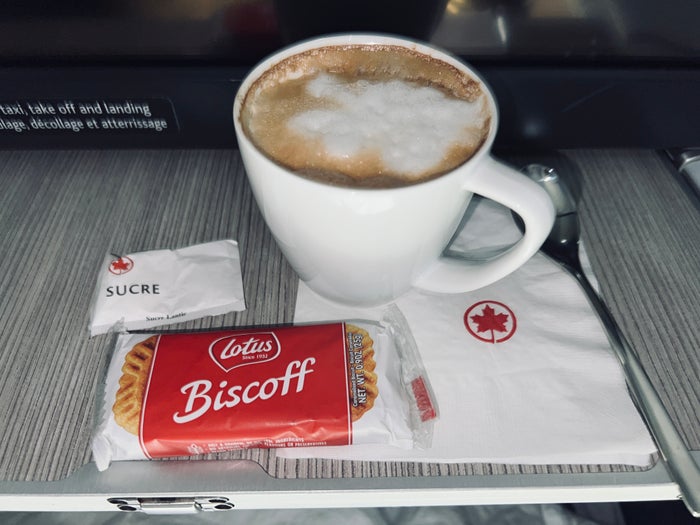 Air Canada business class cappucino and Biscoff cookies
