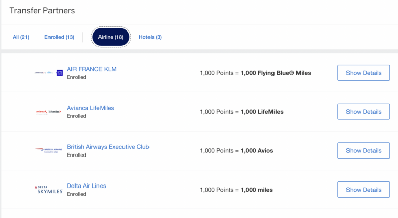 Amex Airline Transfer Partner List Screenshot