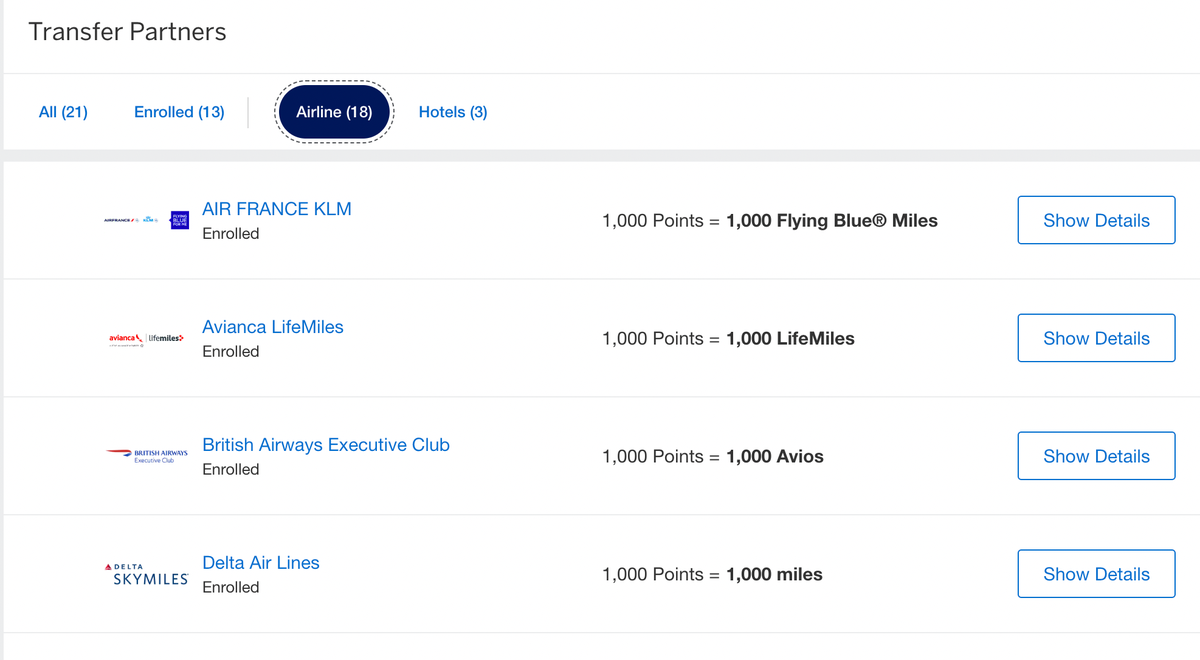 Amex Airline Transfer Partner List Screenshot