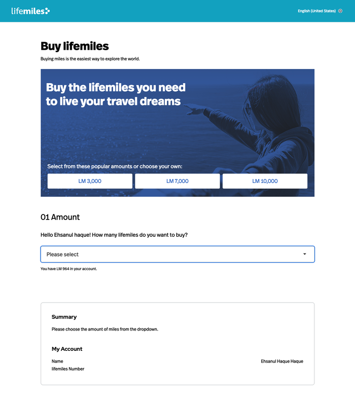 Avianca LifeMiles purchase screen Avianca LifeMiles purchase screen